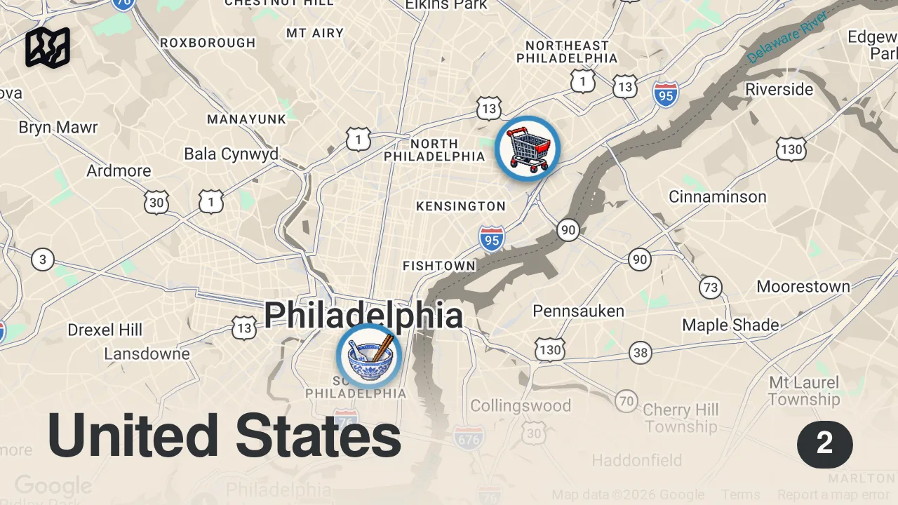 Map of 2 spots from $8 Hoagie Deal + Pho 75 | Real Philly Eats