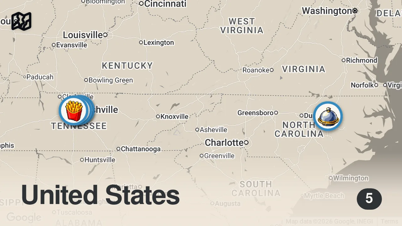 Map of 5 spots from I Tried NEW Fast Food Menu Items So You Don't Have To