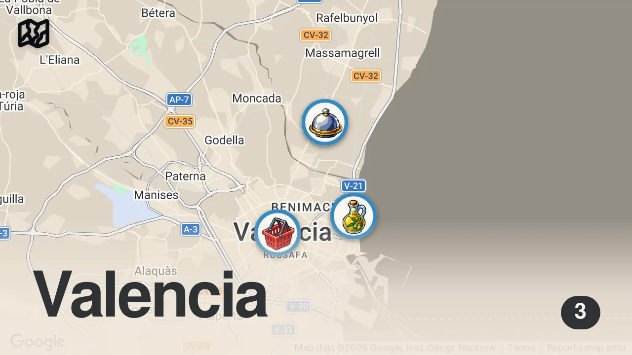 Map of 3 spots from Authentic Spanish Paella!! HUGE PAELLA + Market Food Tour in Valencia, Spain!