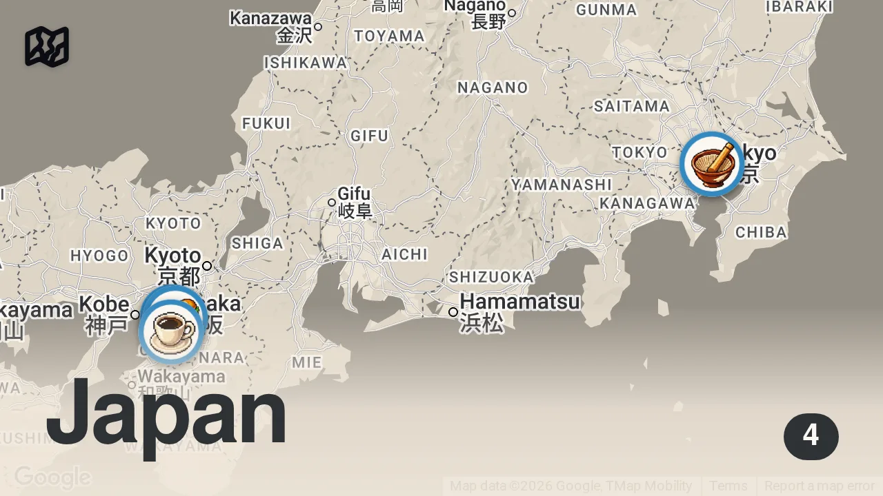 Map of 4 spots from What is Japan Doing To Sandwiches?!?!