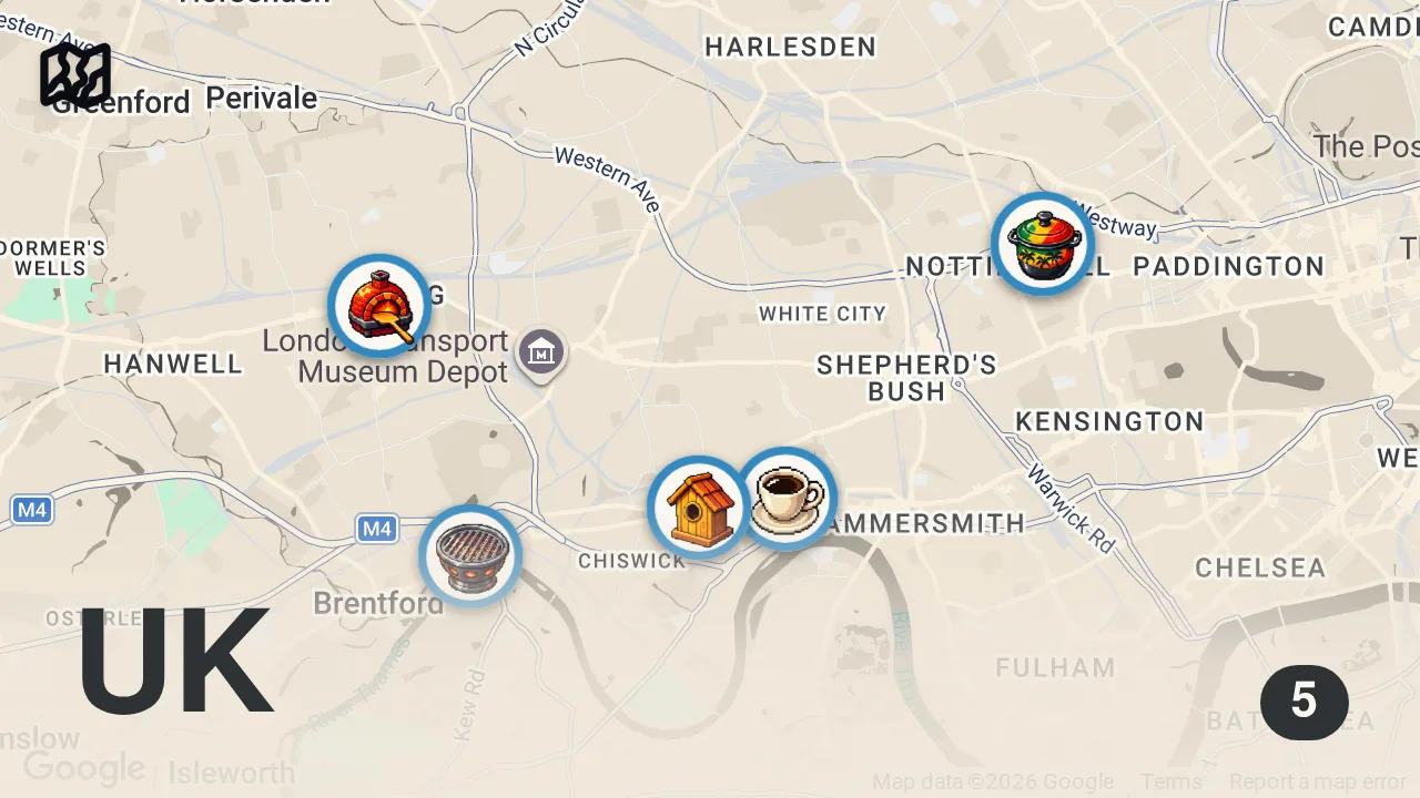 Map of 5 spots from 12 Hours Eating West London's BEST Food!