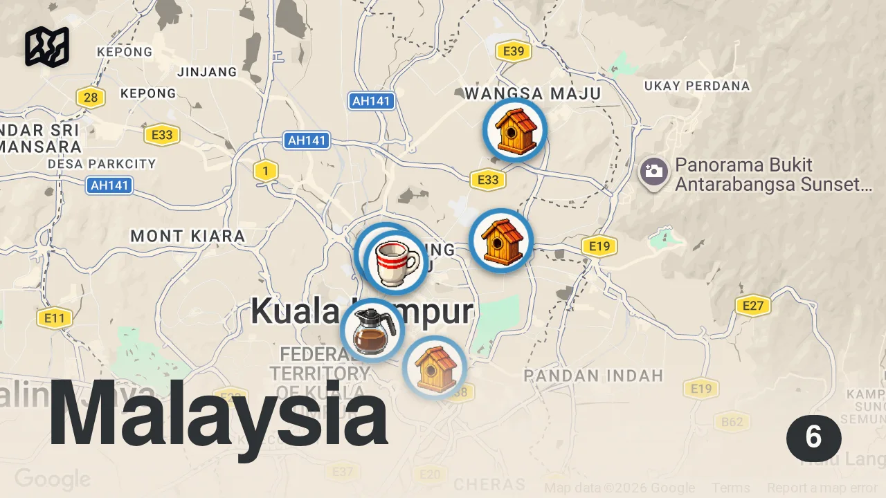 Map of 6 spots from I Ate the Best Malaysian STREET FOOD for 24 Hours in Kuala Lumpur!! 🇲🇾