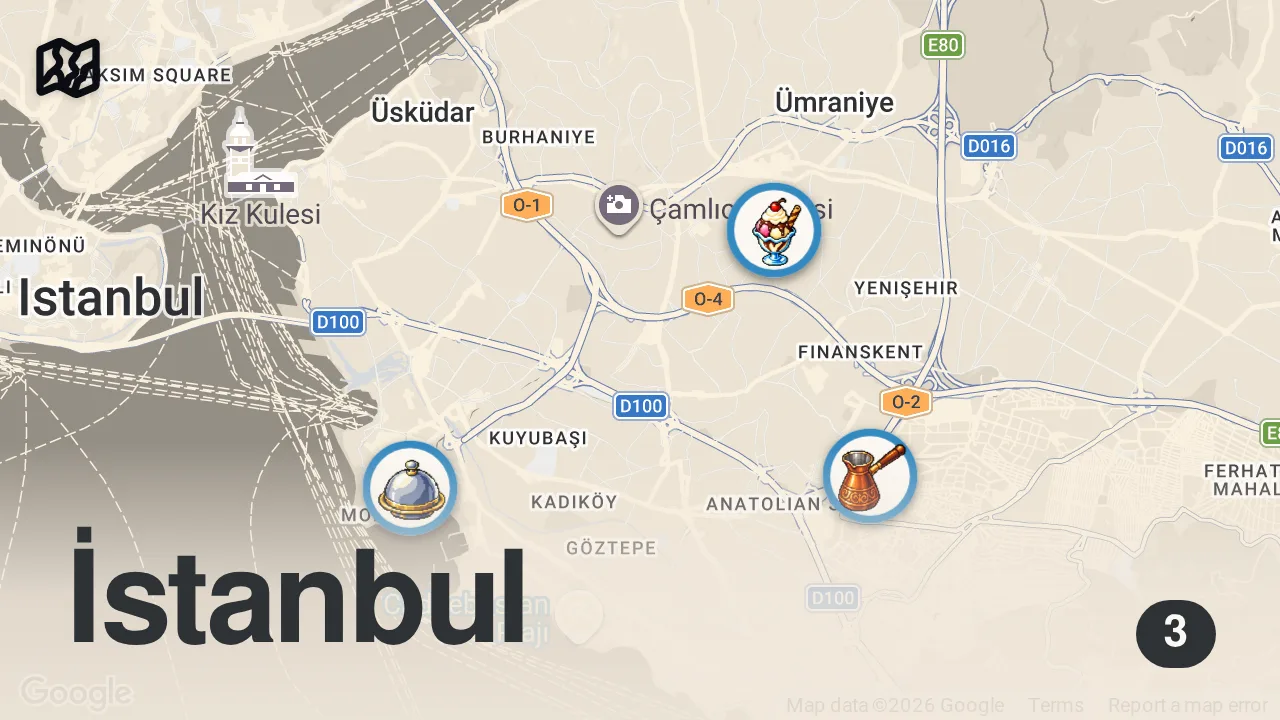 Map of 3 spots from SİZ ÖNERDİNİZ BİZ DENEDİK (Kore tostu, cağ kebabı, sütlaç) - Ayaküstü Lezzetler