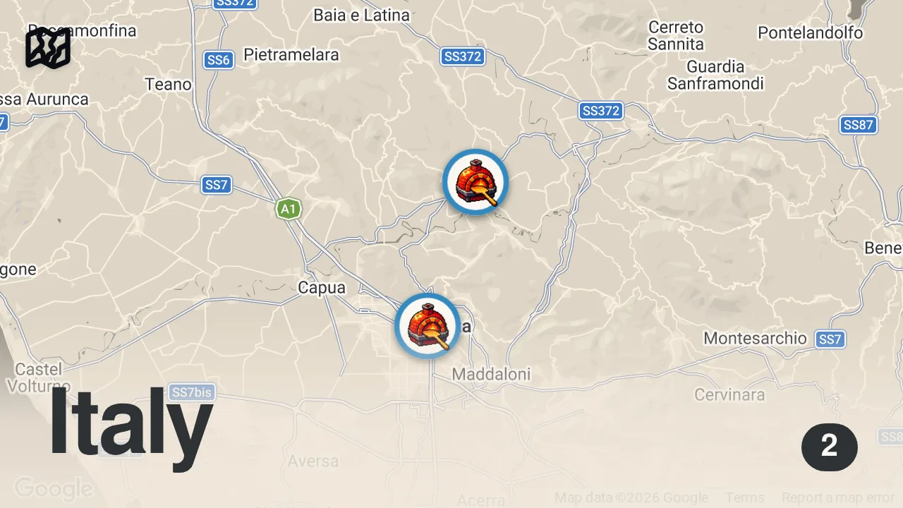 Map of 2 spots from The World’s #1 Best Pizza!! 🍕 INNER TUBE CRUST - King of Italian Food!
