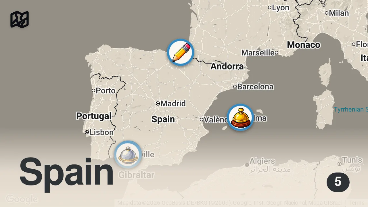 Map of 5 spots from Learning to Cook in Sevilla and Mallorca Spain