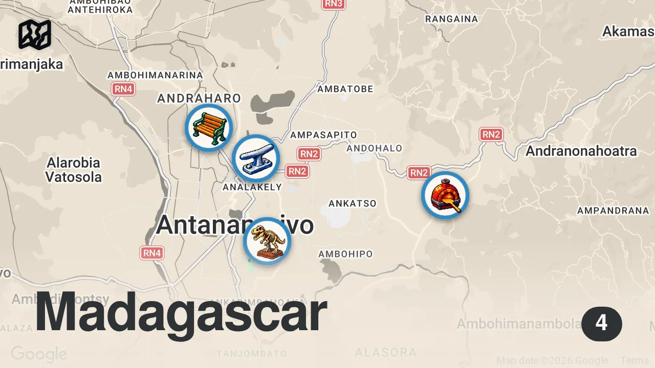 Map of 4 spots from Madagascar Street Food!! 🇲🇬 14 HOURS ULTIMATE Food Tour in Antananarivo, Madagascar!