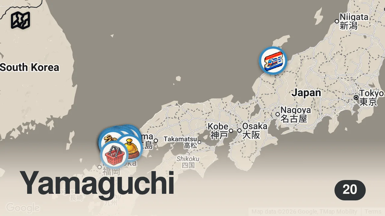 Map of 20 spots from 【山口】INFJ女のひとり旅🌿‬1人が心地よすぎた4日間 | 萩・ 長門 ・下関 | solo trip vlog🗺