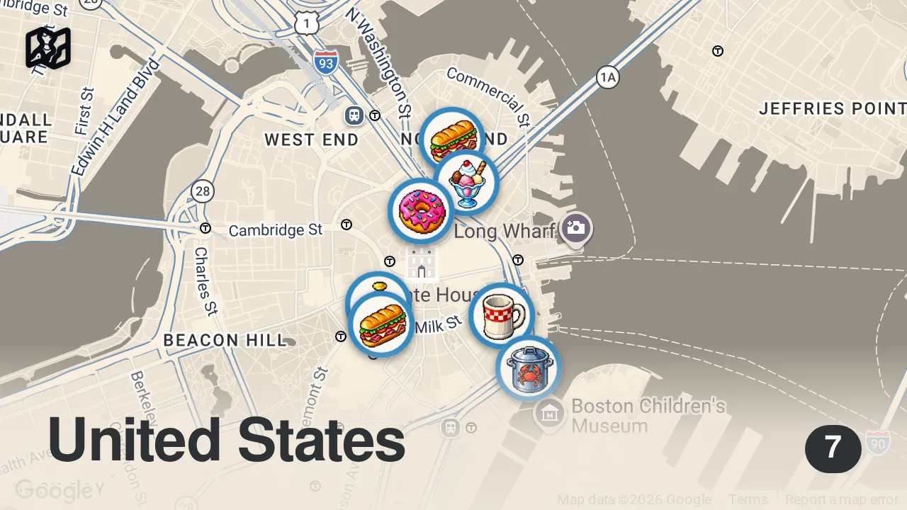 Map of 7 spots from Trying the most FAMOUS food spots in Boston
