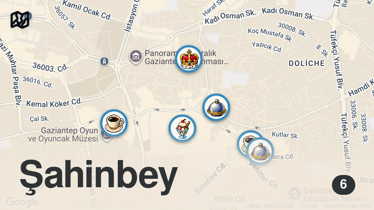 Map of 6 spots from GAZIANTEP STREET FOOD : Turkish Viagra + Kebab HEAVEN!! Turkish Street Food in UNKNOWN Turkey!!