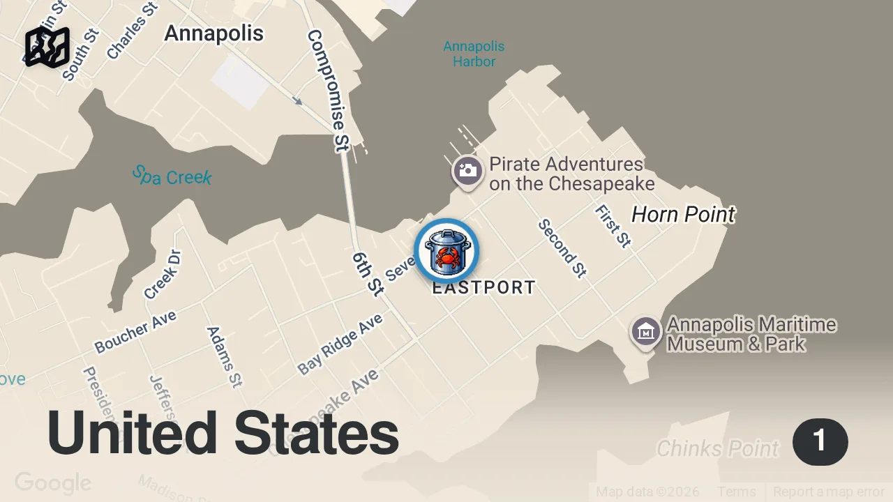 Map of 1 spot from Eating a CRAB feast in Maryland! ๐ฆ๐ฆ๐ฆ