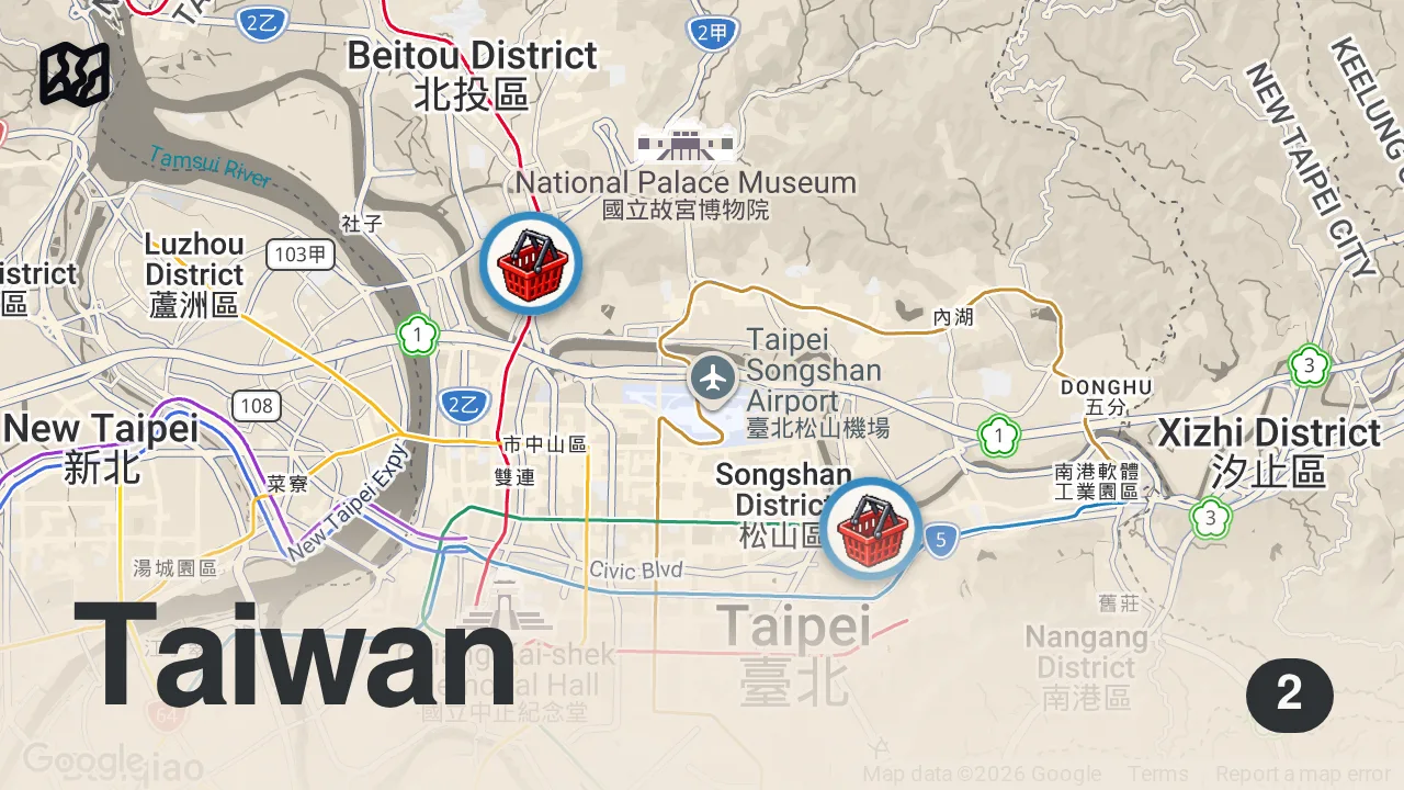 Map of 2 spots from 15 Must Try Taiwanese Street Foods at Taipei Largest Night Markets 🇹🇼