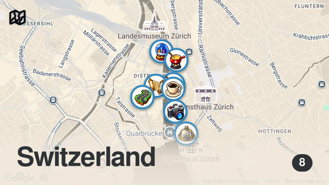 Map of 8 spots from Swiss Food Tour - CHEESE FONDUE and Jumbo Cordon Bleu in Zurich, Switzerland!