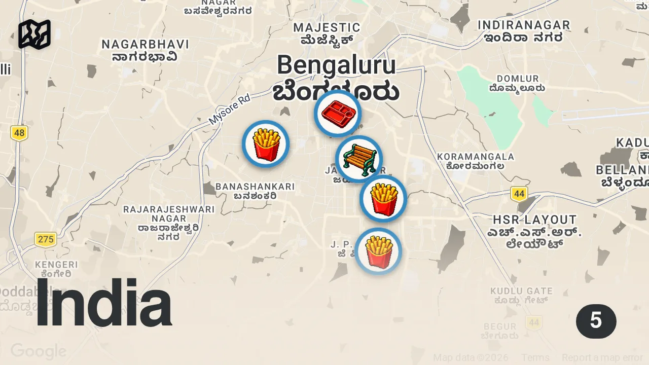 Map of 5 spots from Indian Street Food - King of EGG FRIED RICE!! 🇮🇳 Unique Food in Bangalore, India!