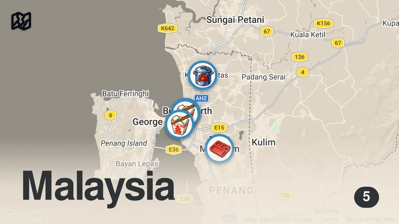 Map of 5 spots from Street Food in Malaysia!! 🇲🇾 EXTREME FISH BBQ + Curry Noodles in Penang Mainland!!