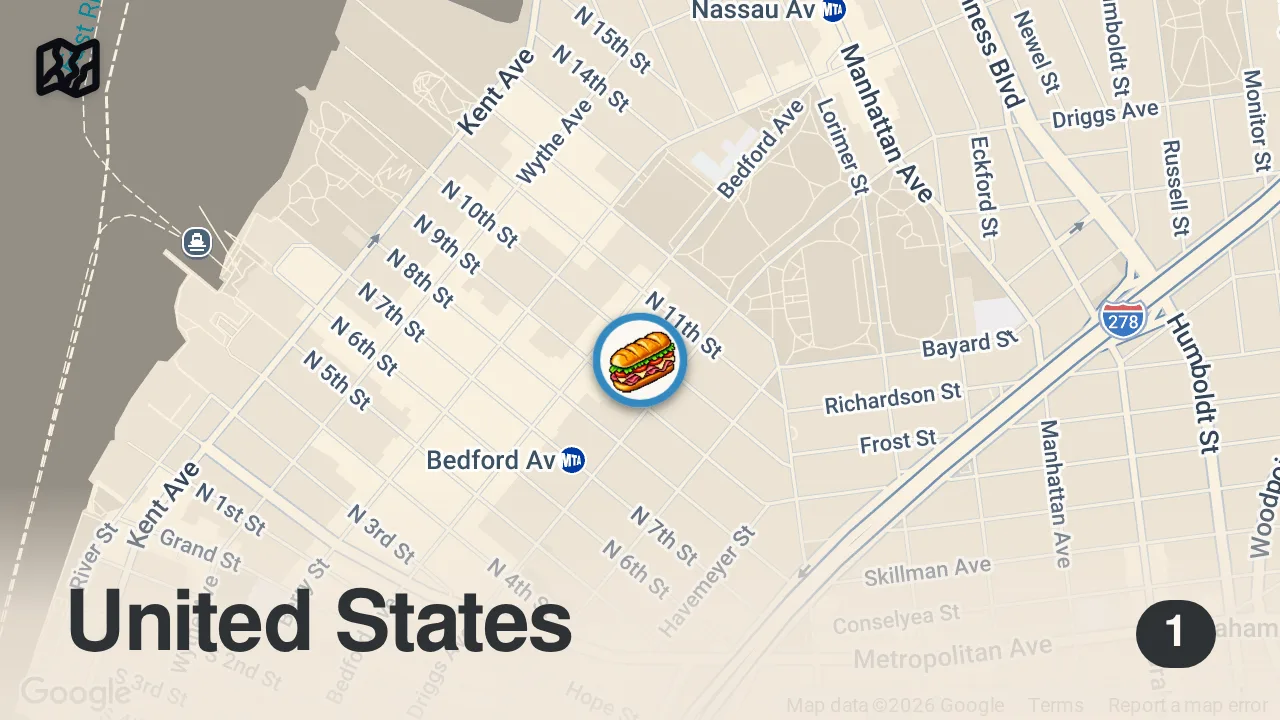 Map of 1 spot from The BEST Cheesesteak in New York City!? | Food Vlog | DEVOUR POWER
