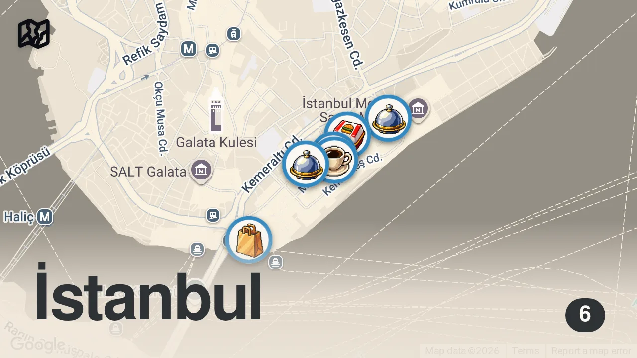 Map of 6 spots from DEV PASTAYA HAYRAN KALDIK (Karaköy Lezzet Rehberi) - Ayaküstü Lezzetler