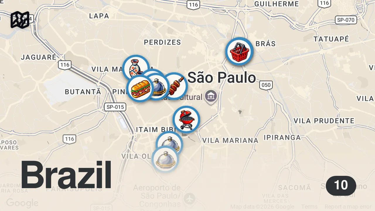 Map of 10 spots from 10 Great Eats São Paulo Brazil | Where to eat when in São Paulo| Food Vlog 2023