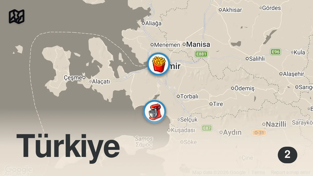 Map of 2 spots from İTALYA’YA GİTMENE GEREK YOK! | İZMİR PATOS FRİTAS