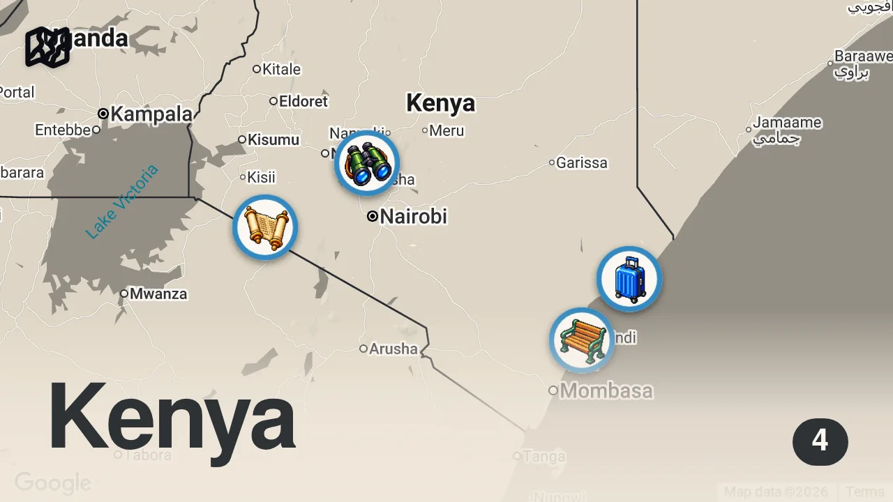 Map of 4 spots from The Modern Side Of Nairobi, Kenya โ Giraffe Feeding, Galleria Shopping Mall, Touristic Market ๐ฐ๐ช