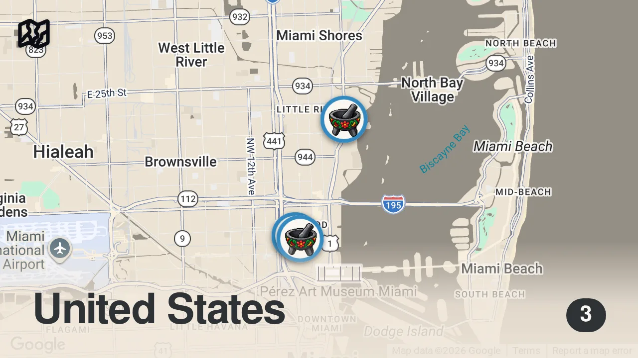 Map of 3 spots from I Try Finding The BEST Burrito In Miami... (Competition)