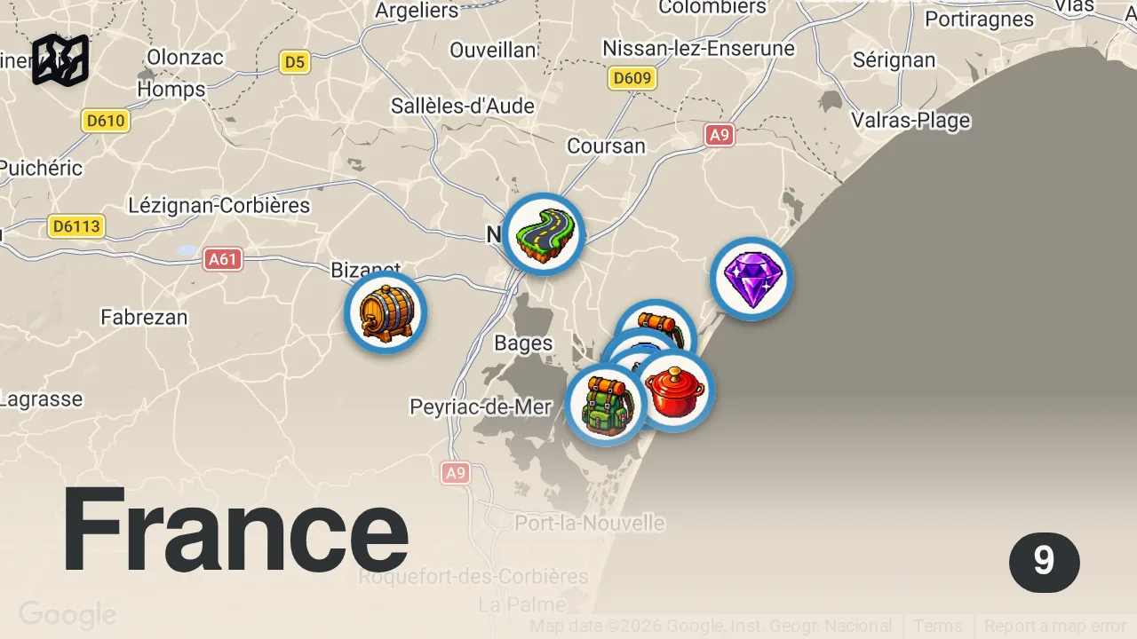 Map of 9 spots from En balade à ... NARBONNE-Plage et GRUISSAN ; Soleil et Vent