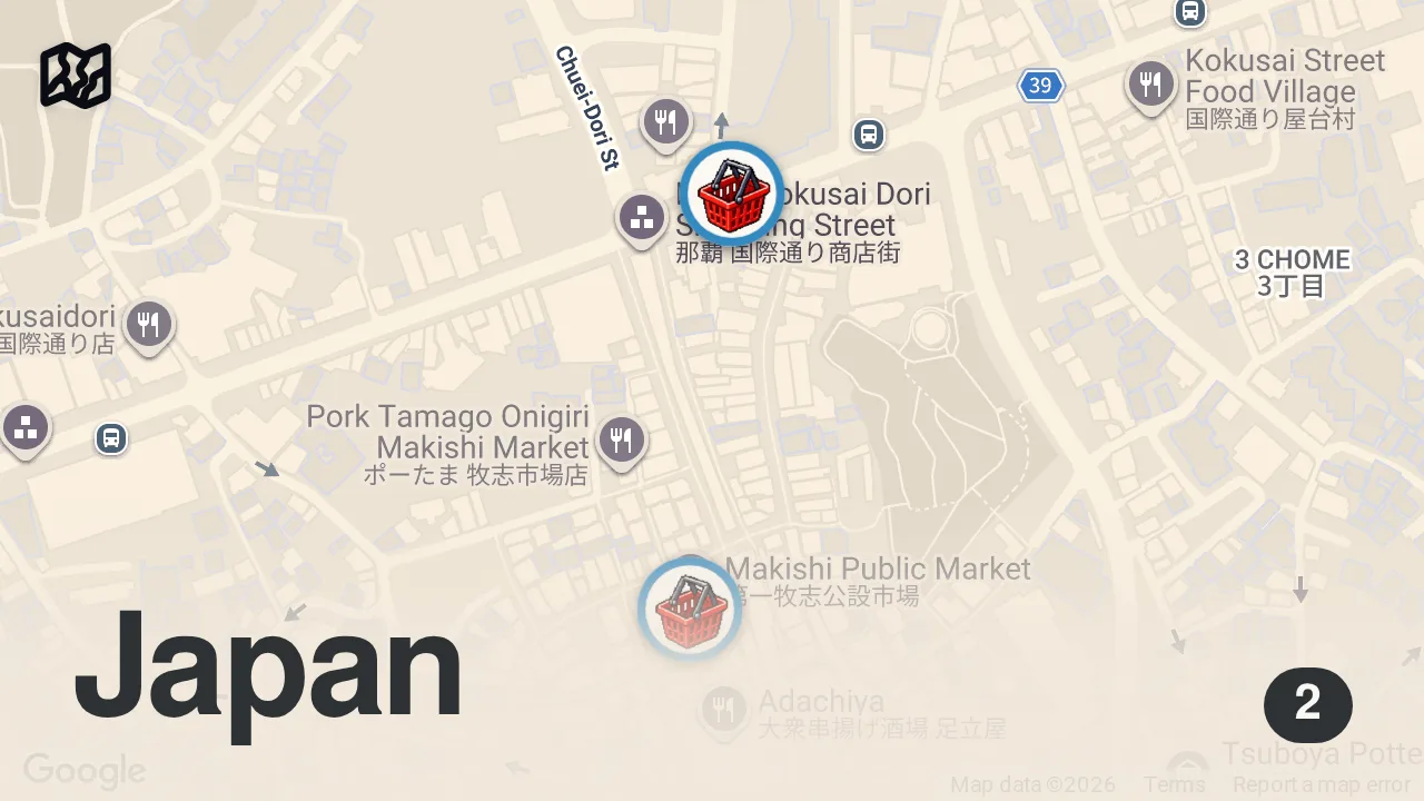 Map of 2 spots from Giant GREEN ALIEN Shell!! Sashimi + EXOTIC SEAFOOD in Okinawa, Japan!