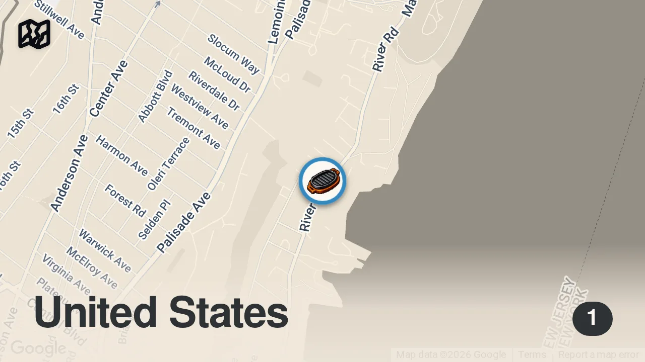 Map of 1 spot from People go NUTS for this NJ steakhouse ๐ River Palm Terrace - Edgewater, NJ #steak #nj #eatingshow