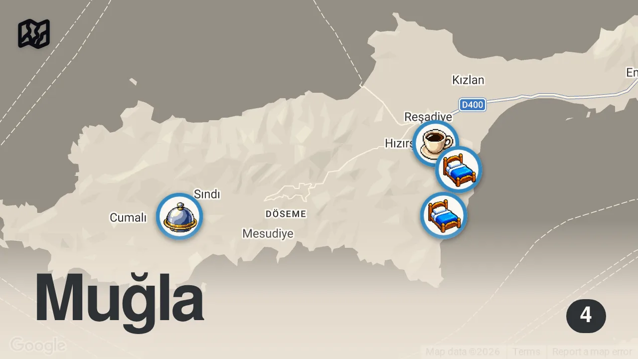 Map of 4 spots from DATÇA LEZZET REHBERİ I En iyi genç şef, Datça kahvaltısı, şahane tatlılar ve Bizim Ev Datça