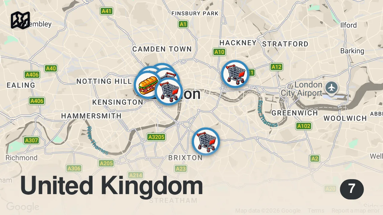 Map of 7 spots from I Tried Every Meal Deal in the UK