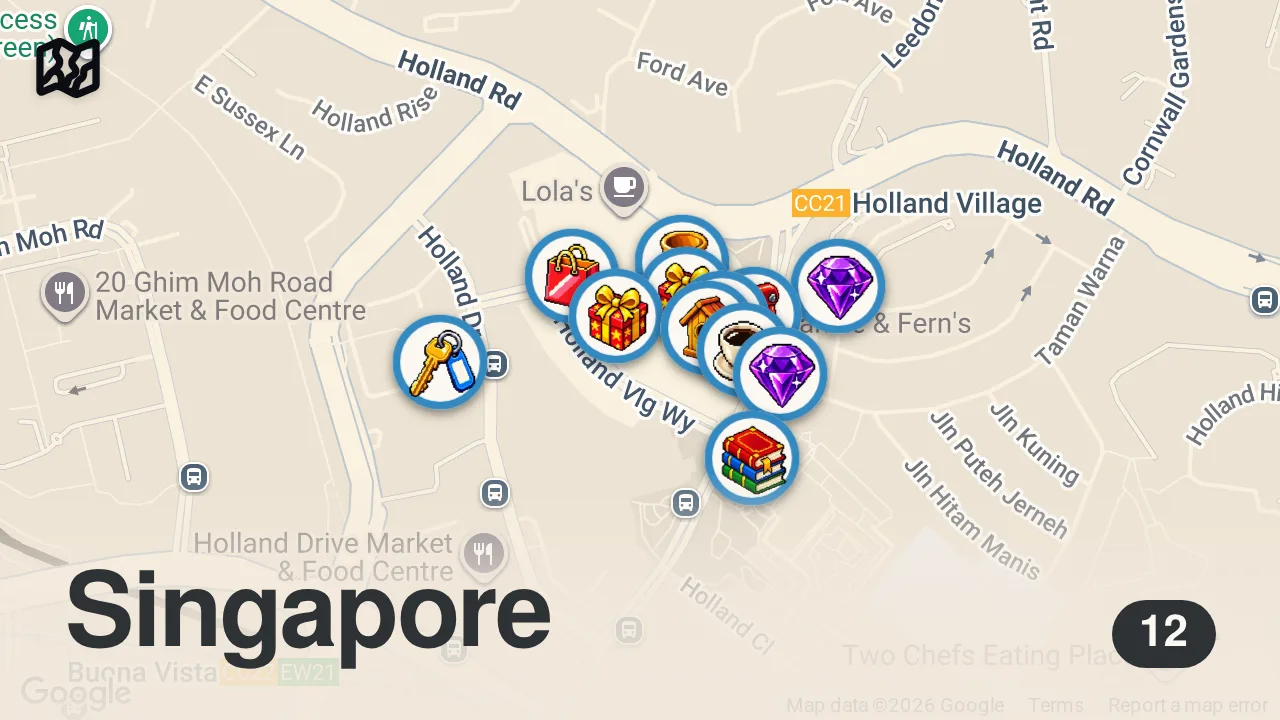 Map of 12 spots from Trendy Cafes, Shops & Nostalgia in Holland Village | Singapore Vlog