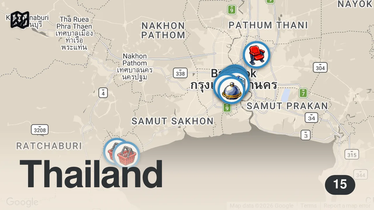 Map of 15 spots from 10 Epic Bangkok Experiences You Can’t Miss in 2026!