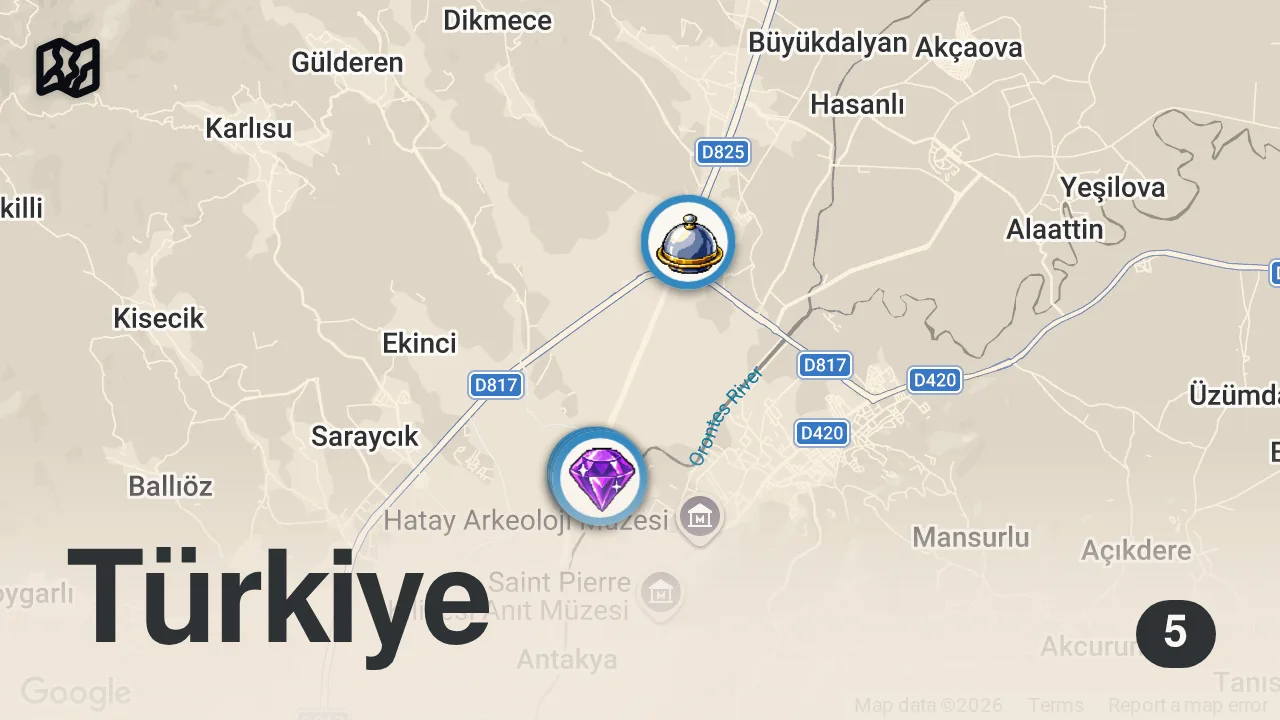 Map of 5 spots from HATAY LEZZETLERİ: Humus, künefe, biberli ekmek, tepsi kebabı, döner ve daha fazlası - Oğuz Yenihayat