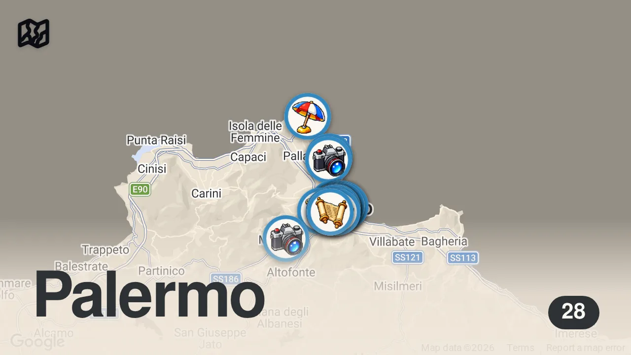 Map of 28 spots from PALERMO - zaskakująca stolica Sycylii, która nie wygląda jak Włochy! Zwiedzanie miasta i atrakcje