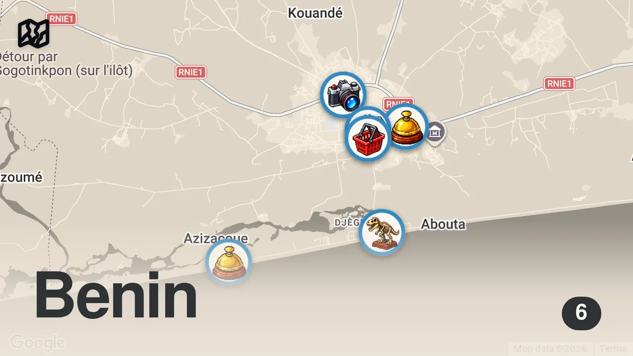 Map of 6 spots from The Secret Of Zangbeto Voodoo Dance - Benin's Spiritual Guardianship In Meko Village, Ouidah 🇧🇯