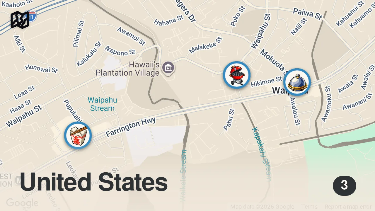 Map of 3 spots from Underrated Hawaii Eats! || Hawaii Hidden Gems Only Locals Know