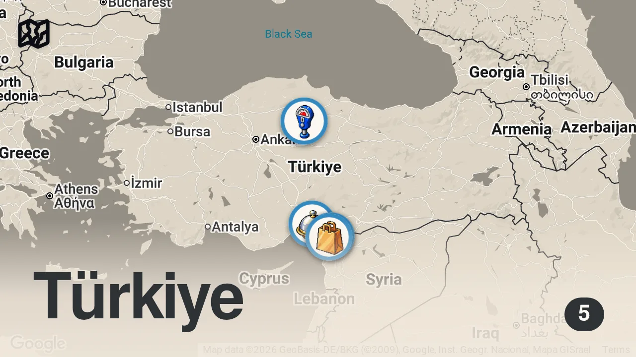 Map of 5 spots from İskenderun’da anne evinde bir günüm nasıl geçti!!! VLOG
