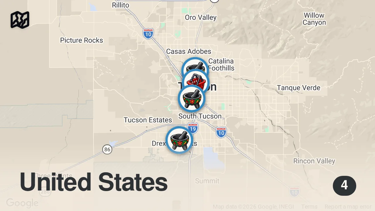 Map of 4 spots from Mexican Street Food - SEAFOOD TOWER!! 🦐 Burritos, Tacos + Ceviche in Tucson, Arizona!!