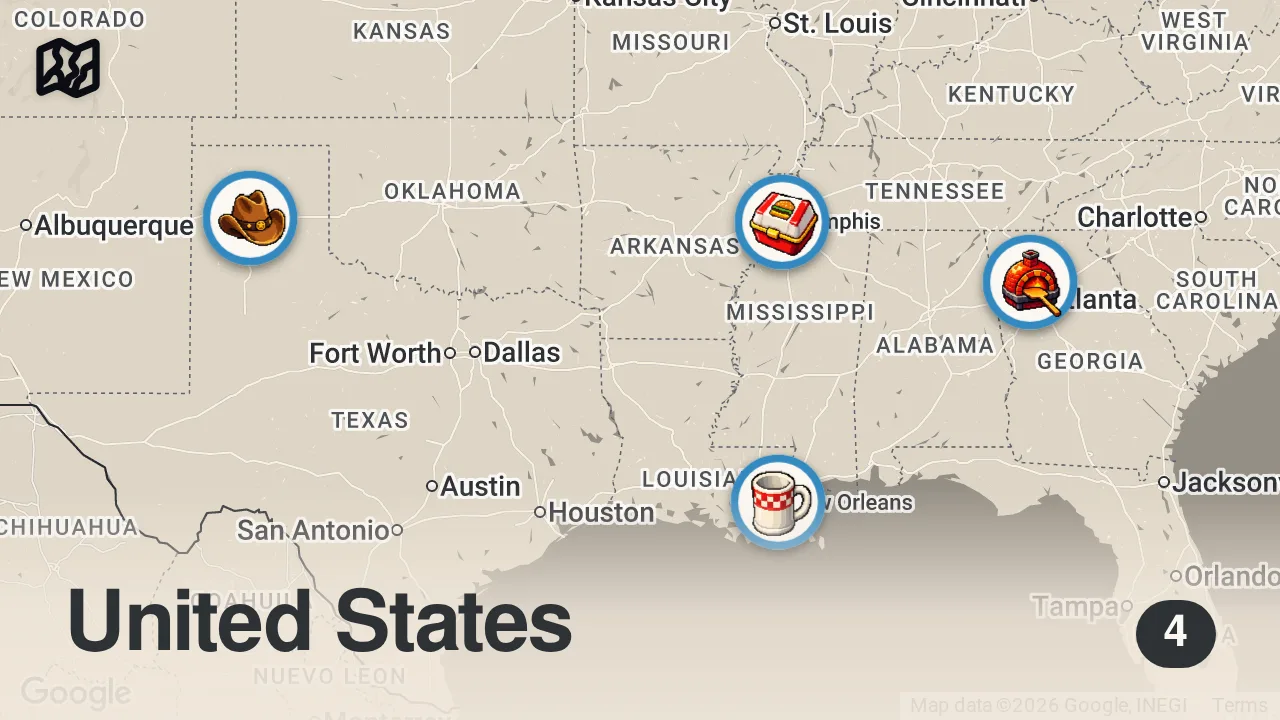 Map of 4 spots from Adam's Best Food Challenges in the South | Man v. Food | Travel Channel