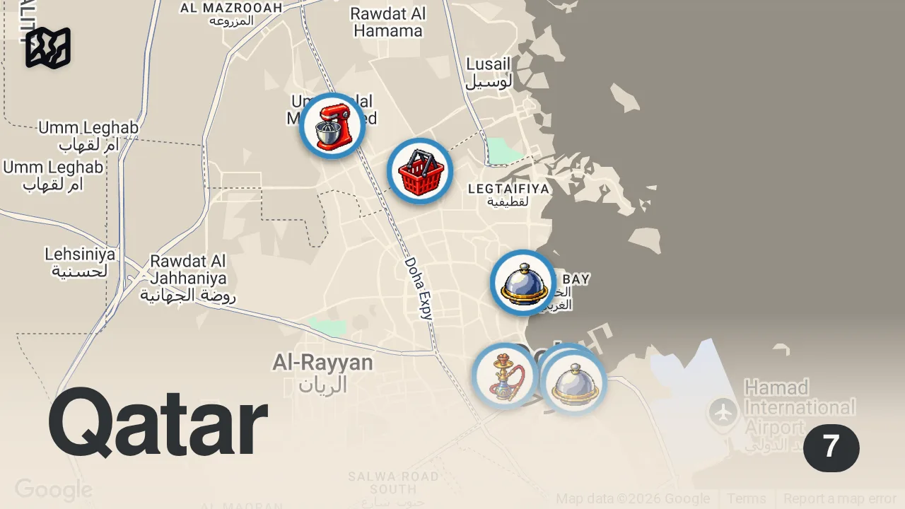 Map of 7 spots from I Ate STREET FOOD in Qatar for 24 Hours!! (Best Food in Doha 🇶🇦)