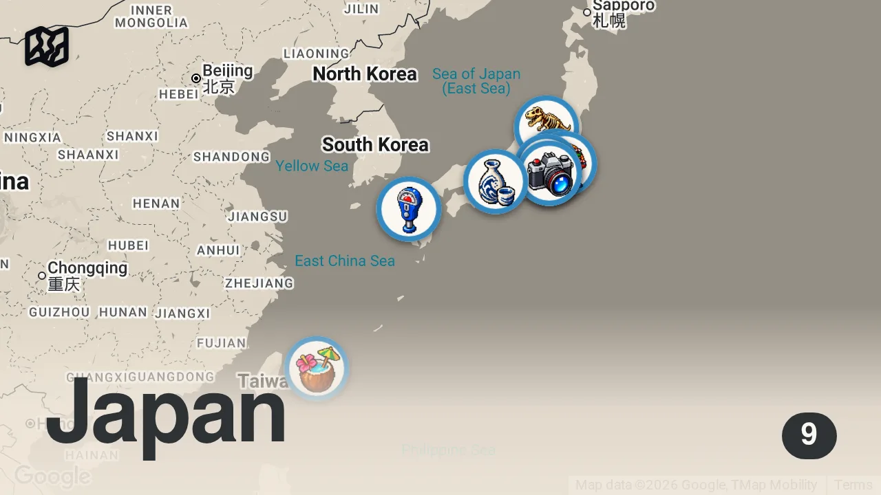 Map of 9 spots from 【絶対行け】日本のガチで行ってよかった場所 10選