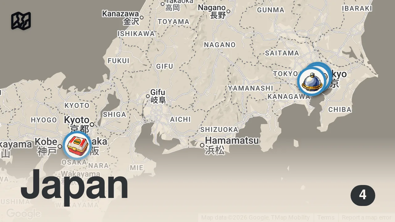 Map of 4 spots from How Japan is DESTROYING American Breakfast!!