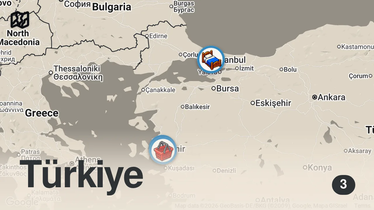 Map of 3 spots from Dizilerin çekildiği 132 yıllık handa pide yedik