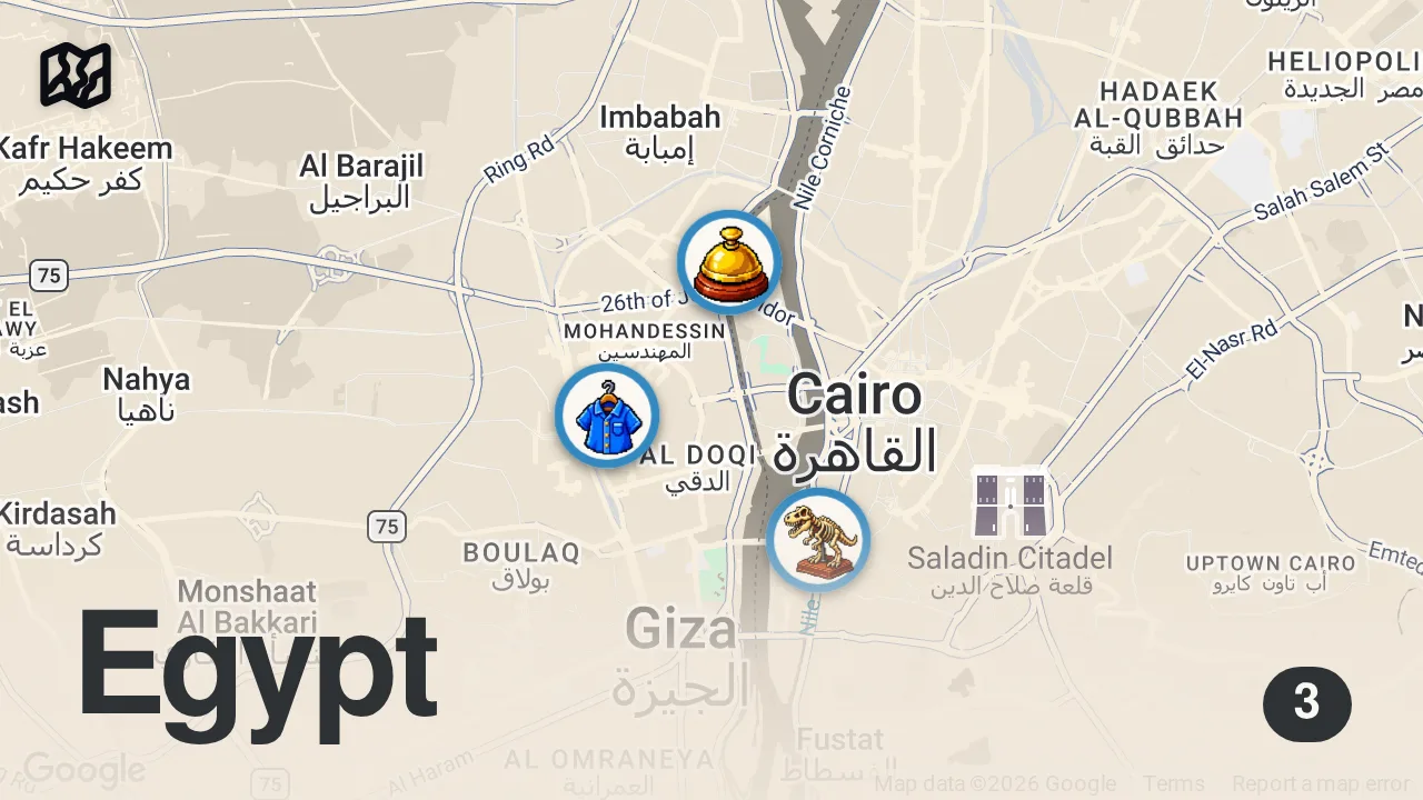 Map of 3 spots from Egyptian Food Tour Gone Wrong - Stopped By Police In Cairo, Egypt πͺπ¬