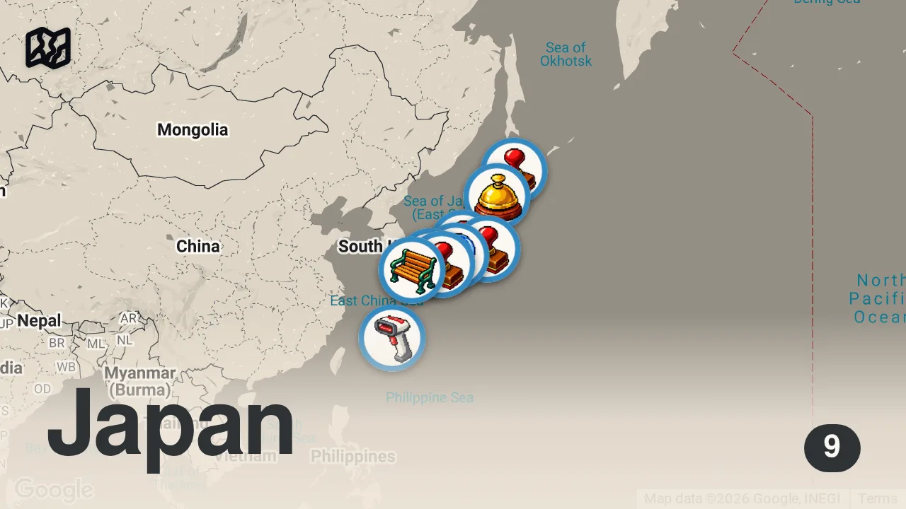 Map of 9 spots from 【ランキング】一人旅におすすめの旅先をJAL社員100人に聞いてみた!