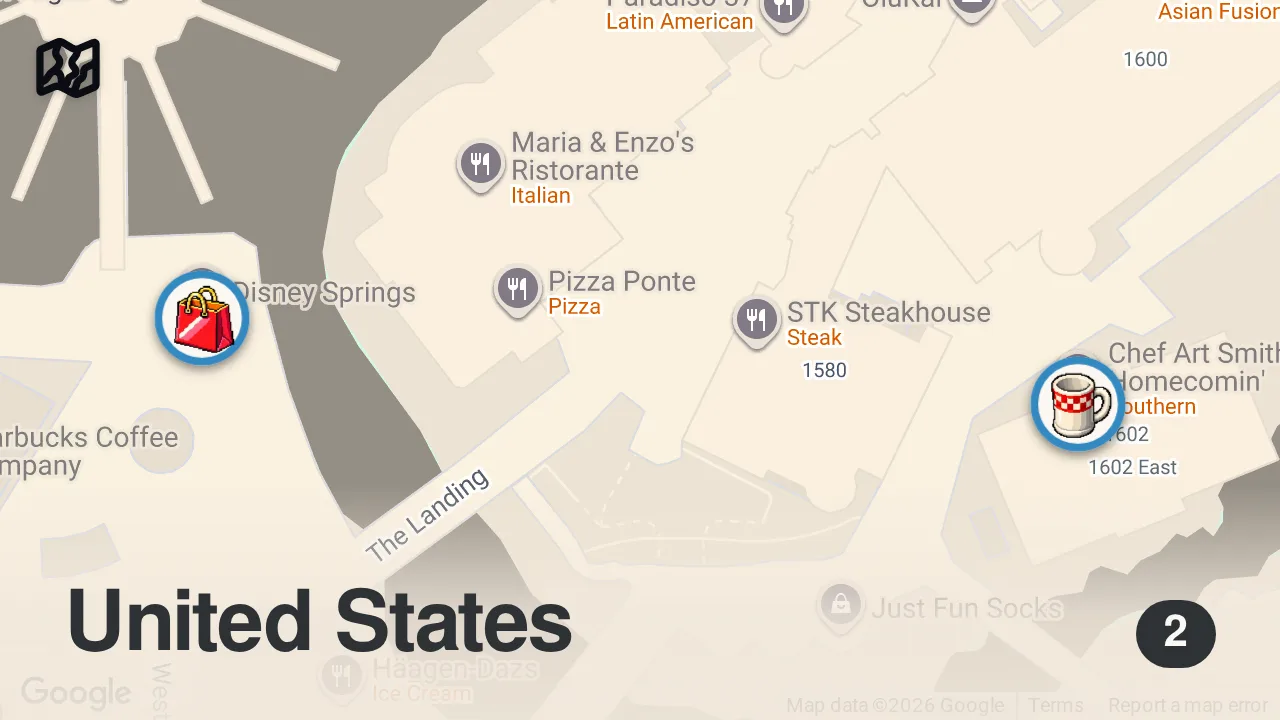 Map of 2 spots from Is this the best Fried Chicken in Orlando, Fl? Chef Art's Homecoming at Disney Springs