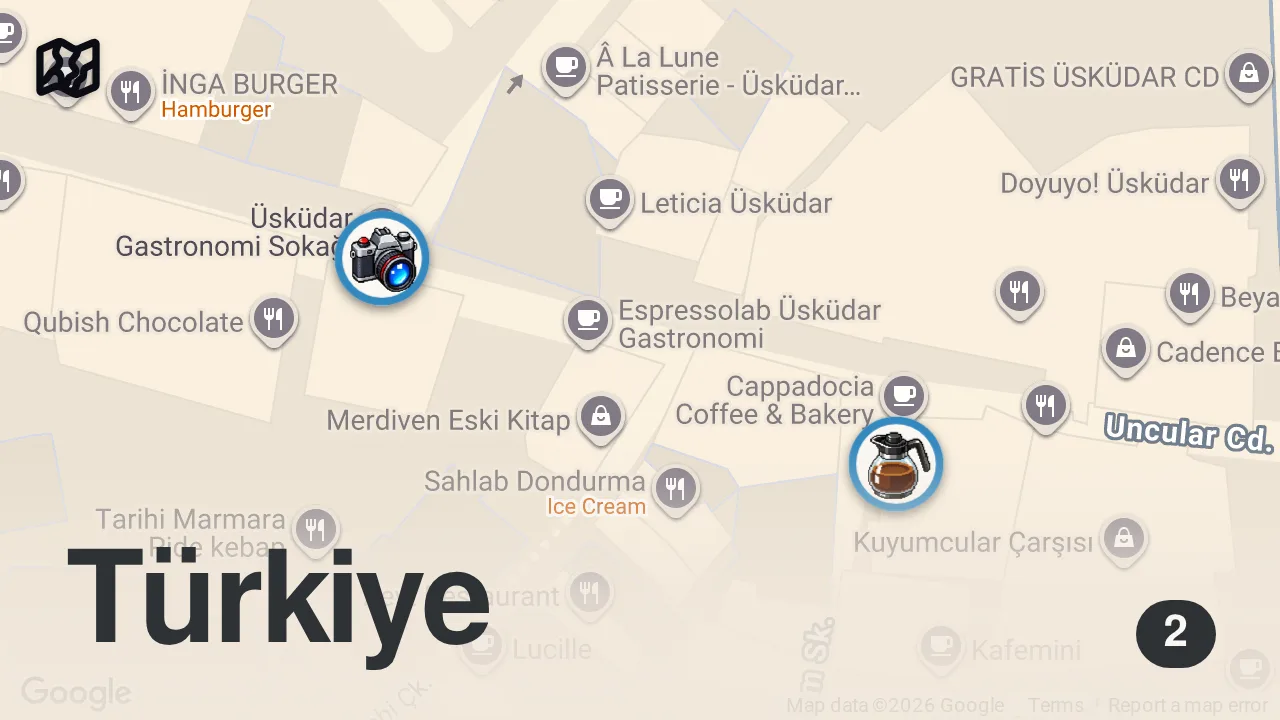 Map of 2 spots from Türk şeflerin çıkardığı Dubai çikolatasını unutturacak yeni tatlı. #reklam #üsküdar #tatlı #foodie