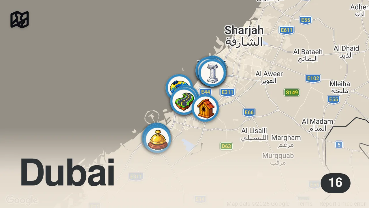 Map of 16 spots from دبي 6 أماكن رهيبة