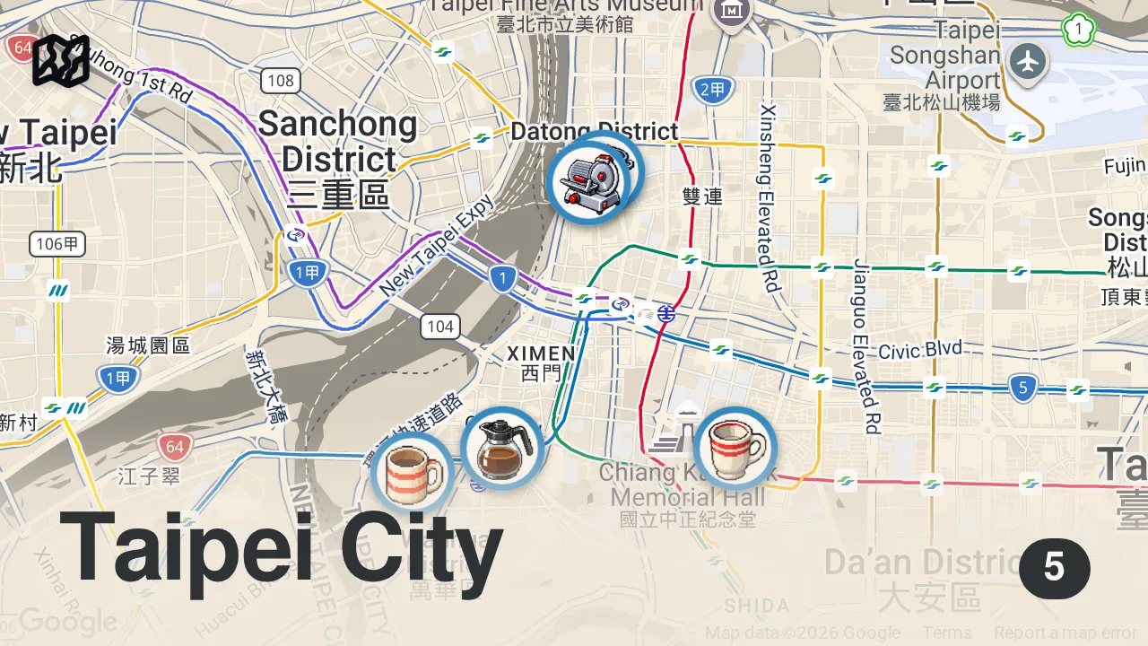 Map of 5 spots from 8 AM Taiwanese Street Food Tour!! 🇹🇼 BREAKFAST BUFFET + Danzai Noodles in Taiwan!!