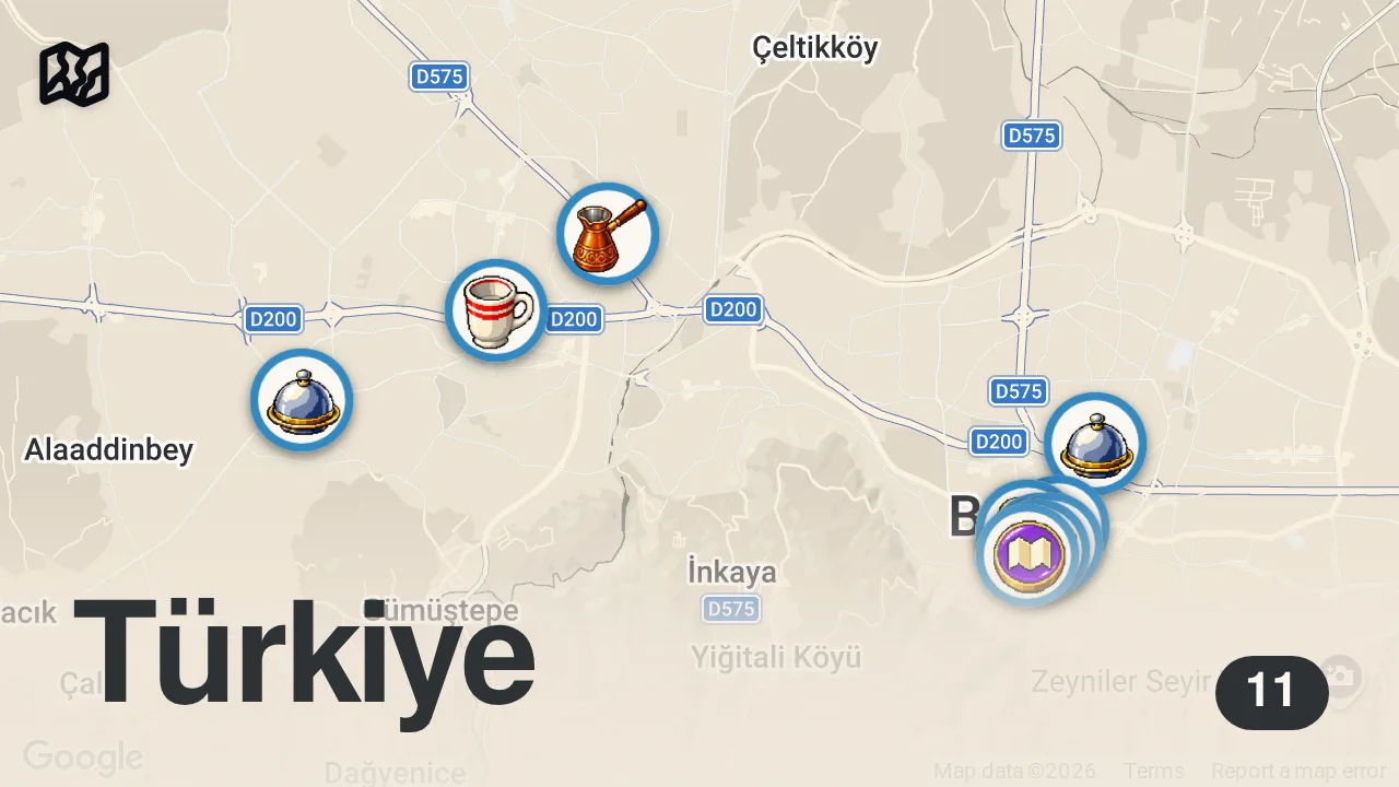 Map of 11 spots from ŞEHRİNİ GEZDİR (BURSA) – Takipçimle Gerçek Bursa Deneyimi | Ayaküstü Lezzetler