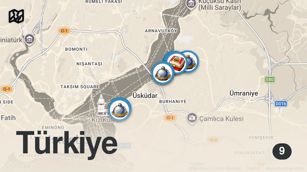 Map of 9 spots from ÜSKÜDAR LEZZET REHBERİ (Adana kebabı, kokoreç, kuru fasulye, Trabzon pidesi) - Ayaküstü Lezzetler